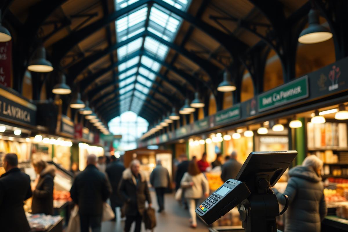 Traders and shoppers with a card payment terminal inside Cardiff Market, covered by a 5G small cell