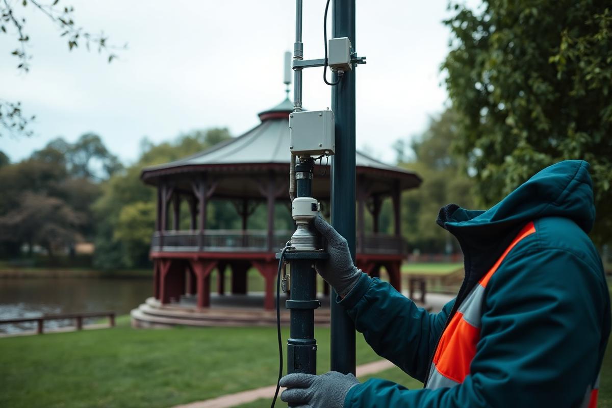 Engineer installing a 5G radio on a pole at Shrewsbury Quarry Park beside the bandstand