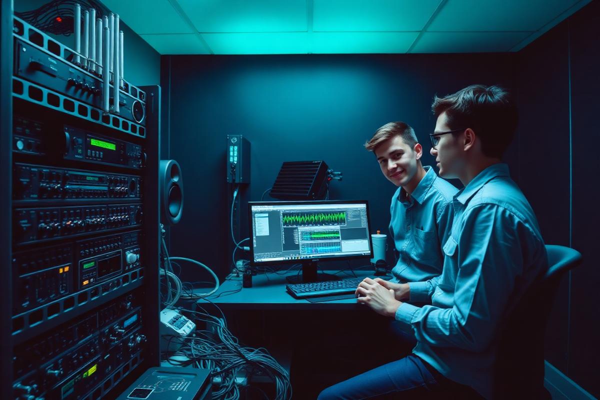 Two NHN engineers testing Open RAN radio equipment in the 5G integration lab at Newark Works, Bath